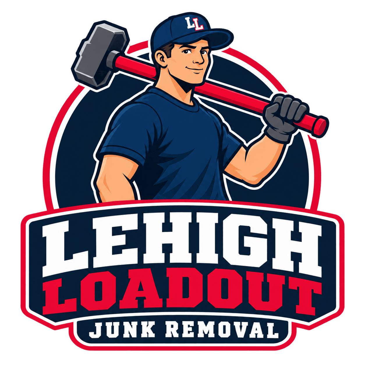 Lehigh LoadOut junk removal badge with a worker carrying a sledgehammer